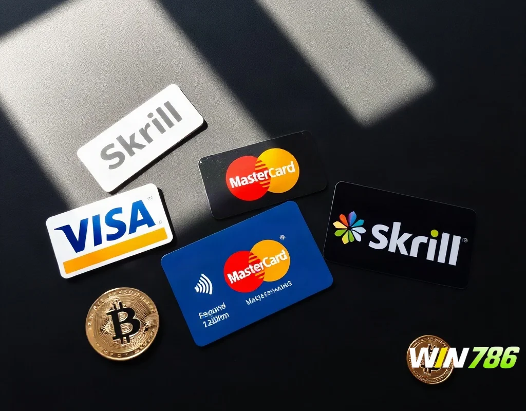 Flat lay layout displaying various payment method icons including credit cards, e-wallets, and bitcoin coins.
