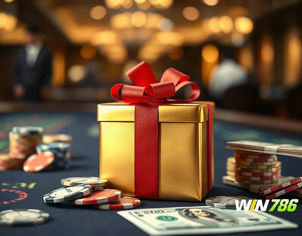 A golden gift box with a red ribbon placed on a casino table, symbolizing deposit bonuses.