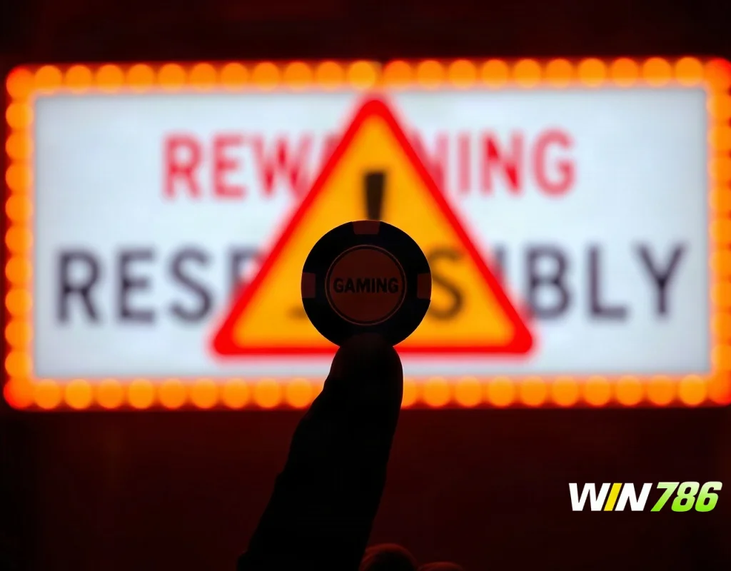 Silhouette of a person holding a gambling chip with a warning sign glowing behind, representing responsible gambling.