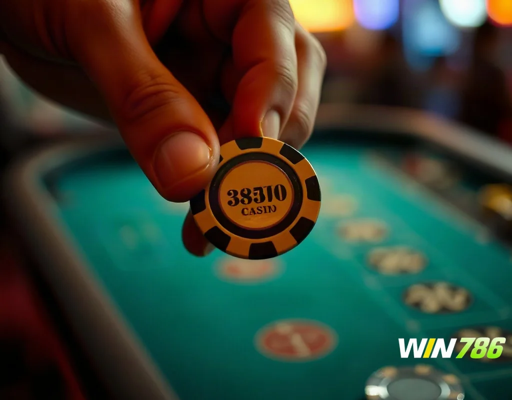 Hand holding a casino chip in a dimly lit room, conveying gambling risk.