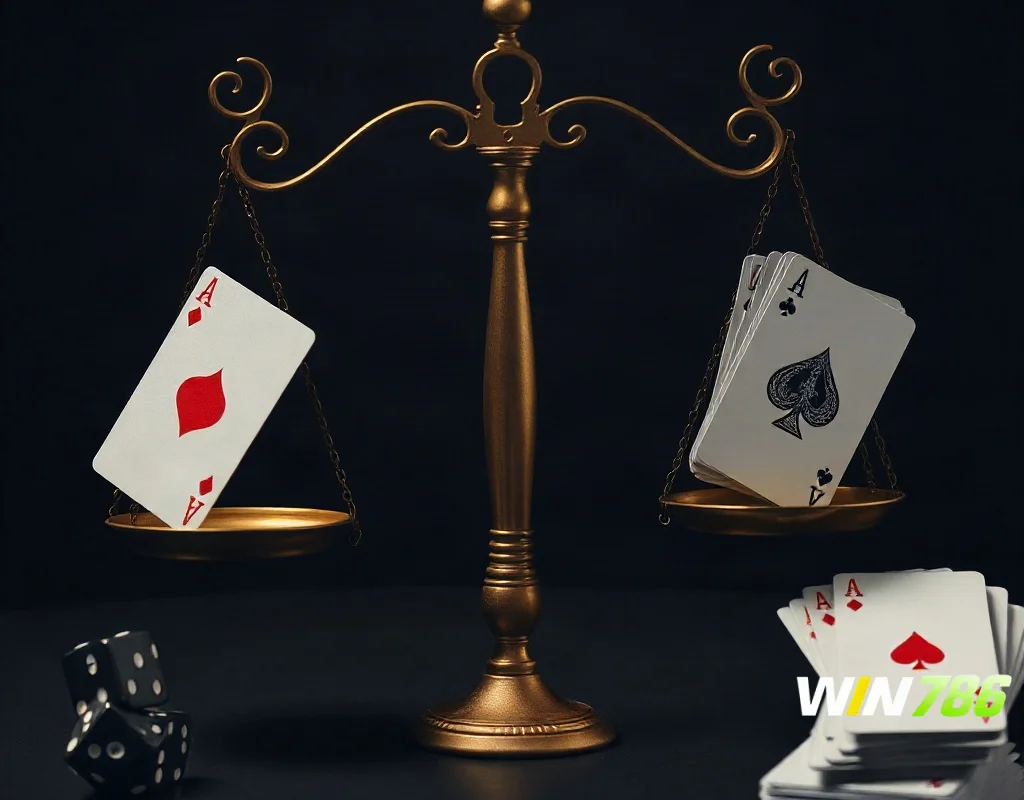 Balanced scale with playing cards and dice, symbolizing the risks and rewards of gambling.