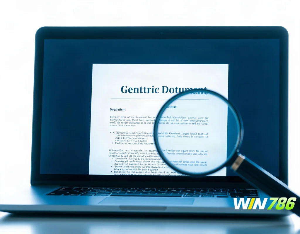 Magnifying glass over a laptop screen showing legal documents, emphasizing the need to read terms.