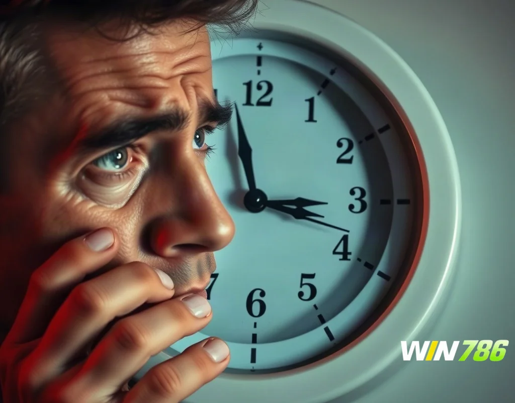 Worried person looking at a large clock, representing time lost to gambling.