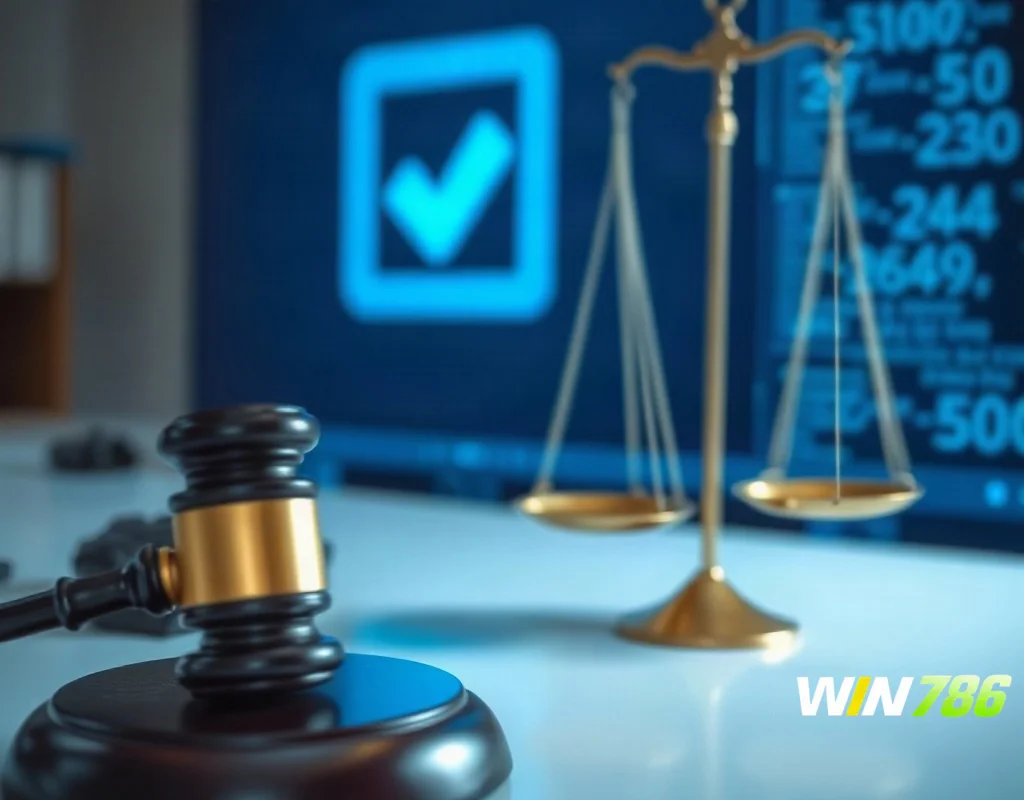 Illustration of WIN786 fair play concept with gavel and scales.