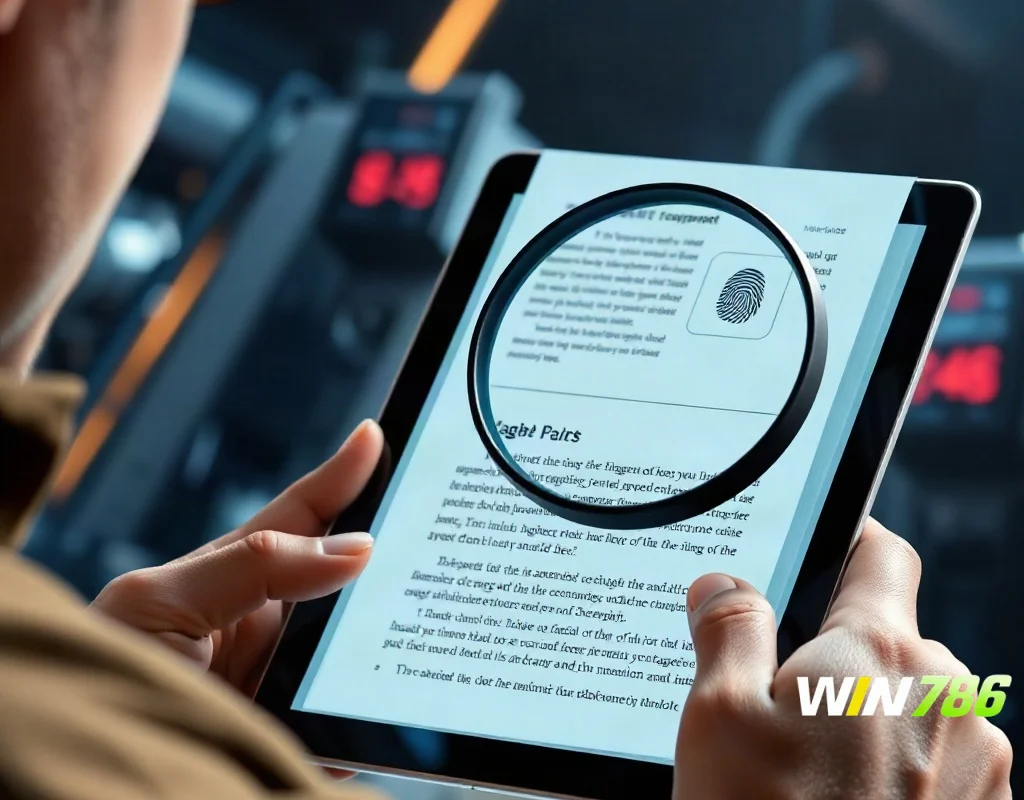 Player reading WIN786 fair play policy on a tablet.