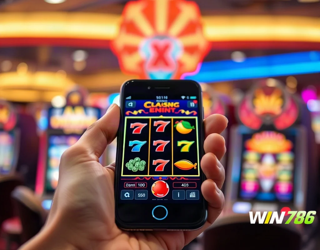 Hand holding a smartphone displaying a slot game interface on WIN786, no legible text.