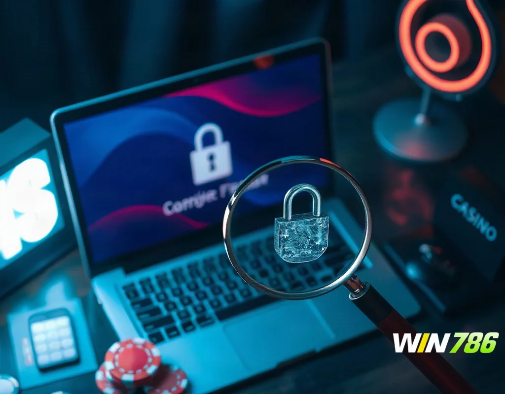 User checking a secure login page on a laptop with a padlock icon and casino chips nearby.
