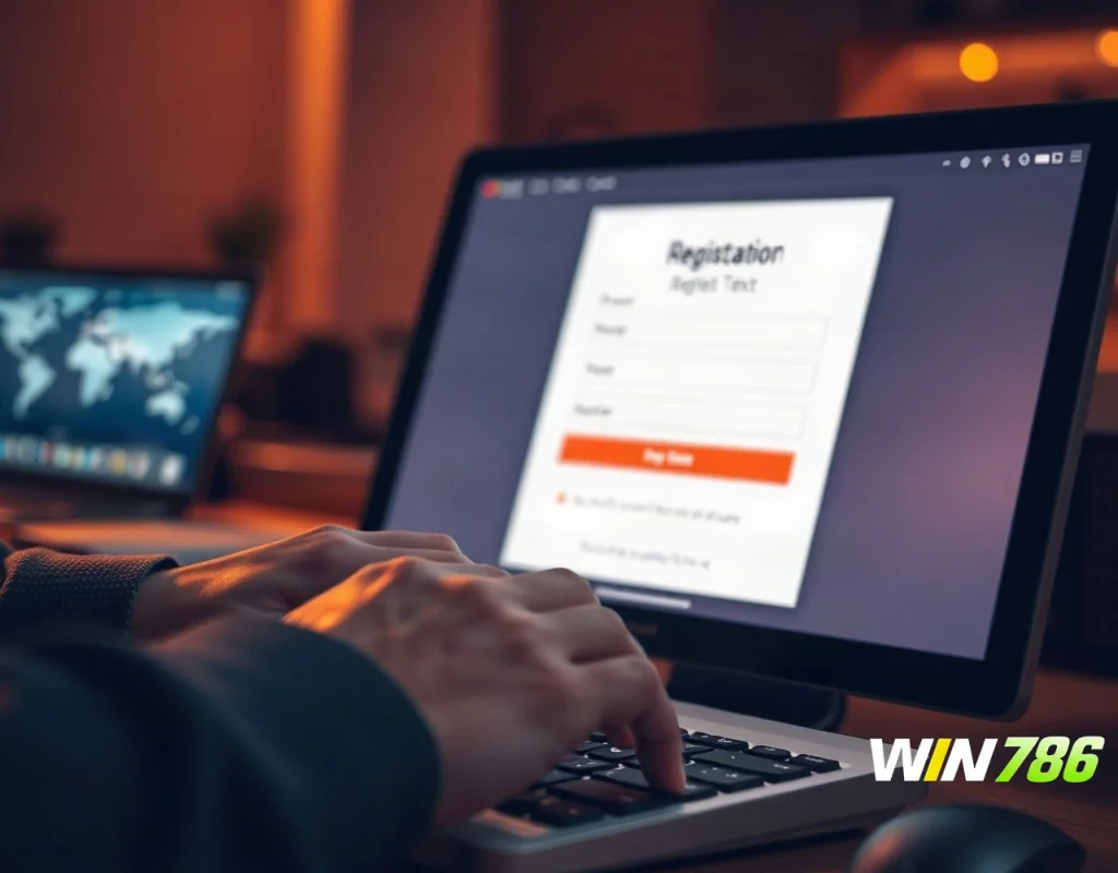 Hands typing on a keyboard while a registration form is on the screen, no readable text.
