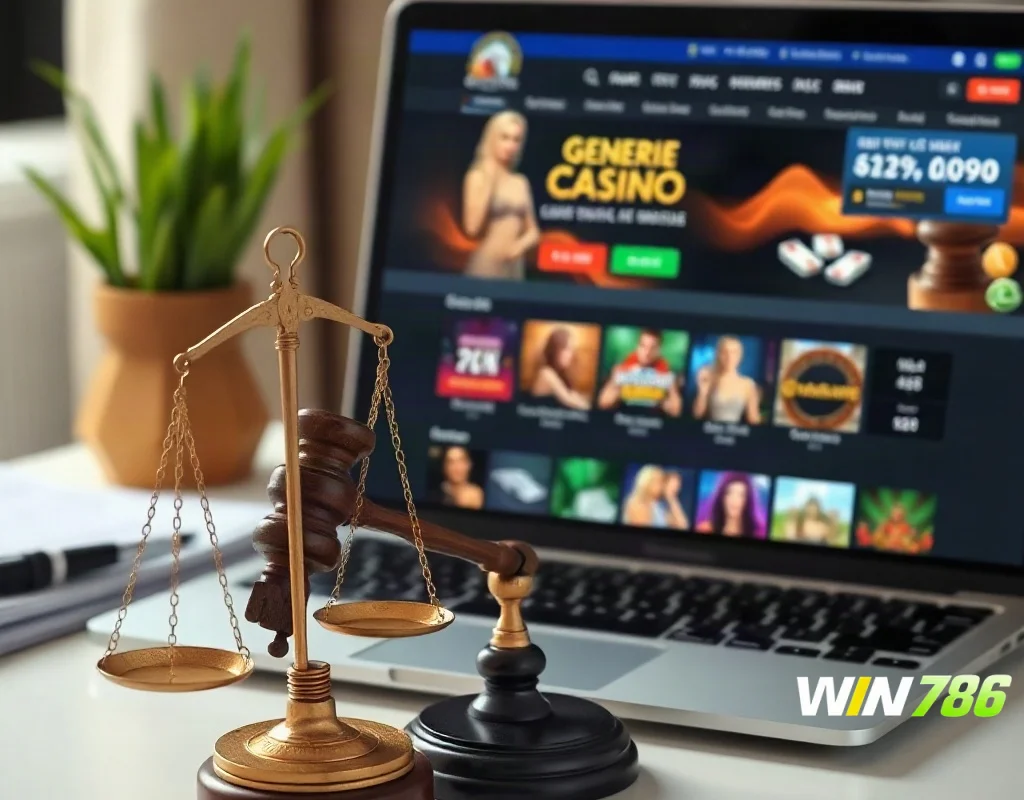 Symbolizing legal considerations for online gambling, with a scale and gavel