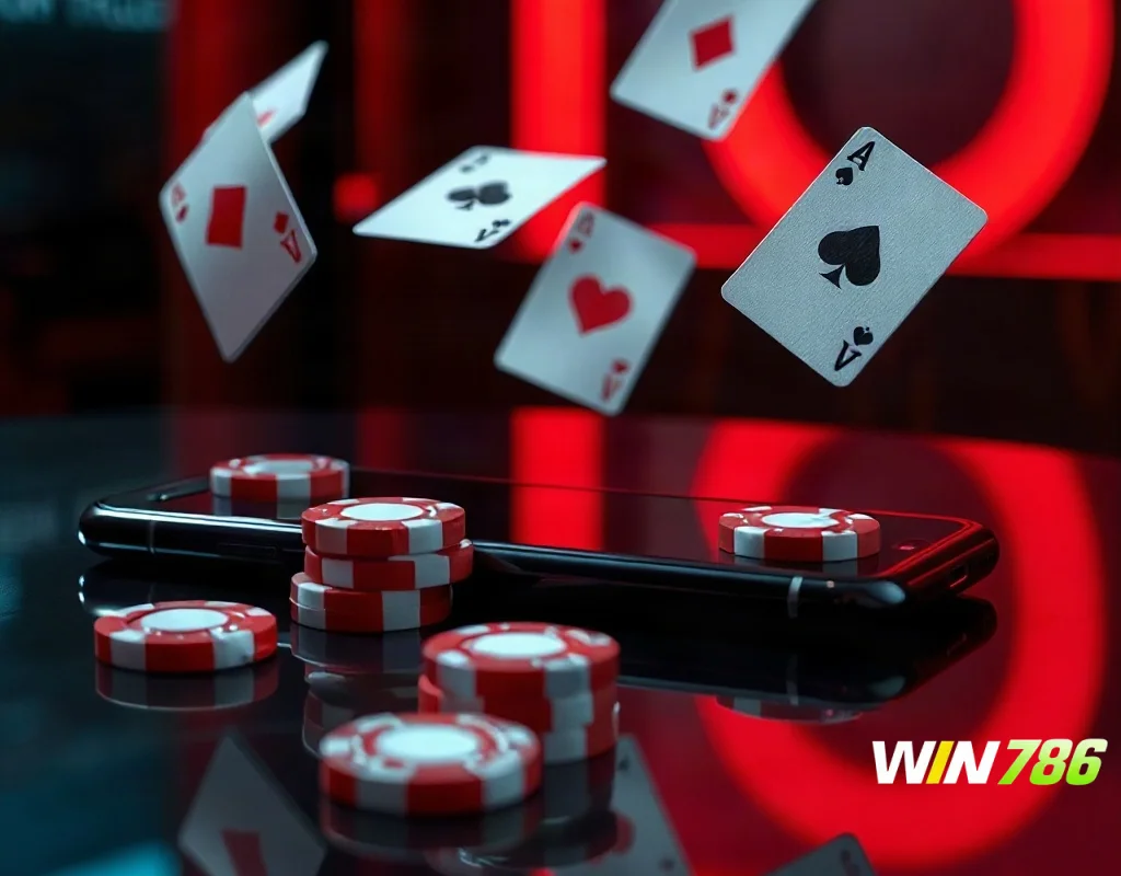 Smartphone displaying a betting app interface surrounded by playing cards and chips