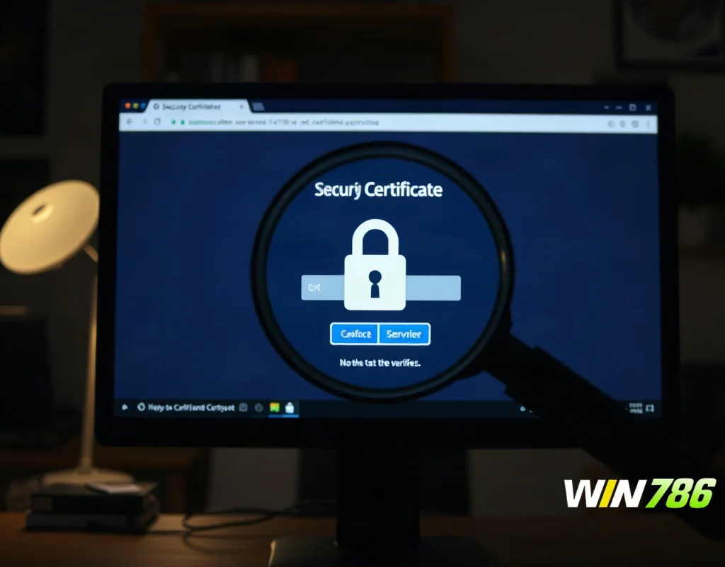 A realistic computer screen showing a security certificate verification page in a dimly lit home office, with a magnifying glass hovering over the padlock icon