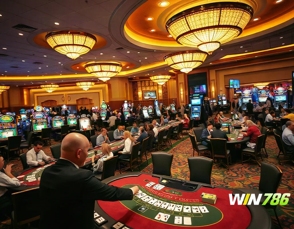 A high-angle view of a professional casino floor with a close-up of a live dealer dealing cards at a blackjack table, bathed in warm ambient lighting