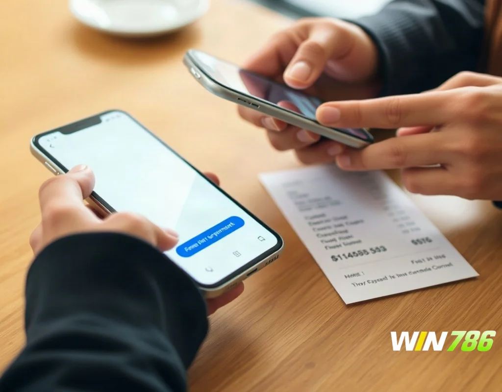 A close-up of a person's hands using a smartphone to approve a mobile payment transaction, with a receipt showing the transfer amount on a table nearby