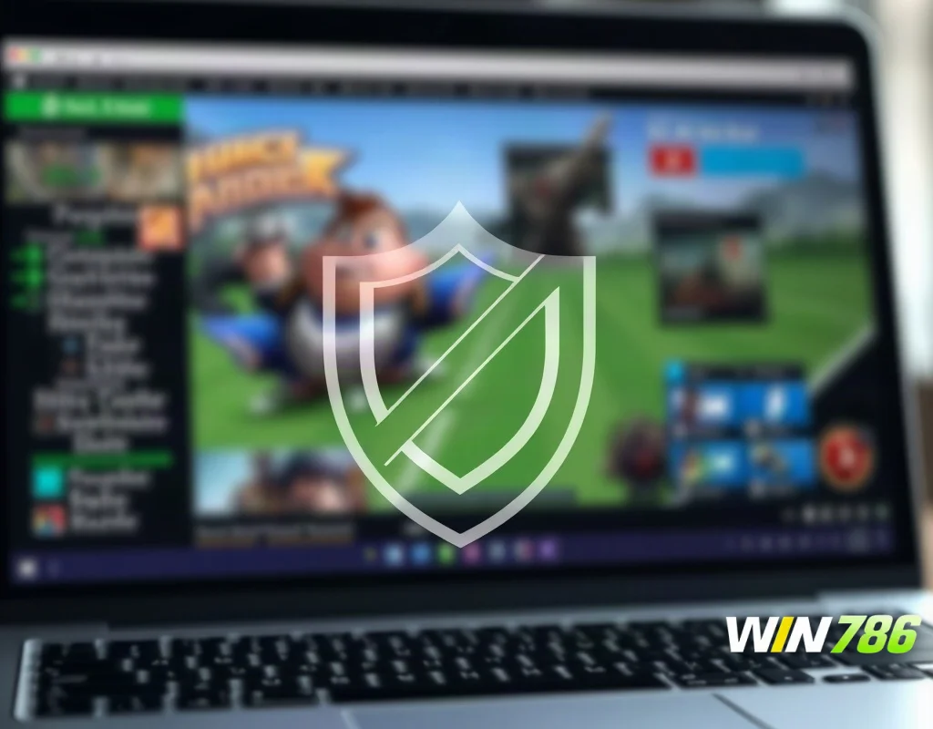 Blurred laptop with gaming interface and a shield icon representing secure data use