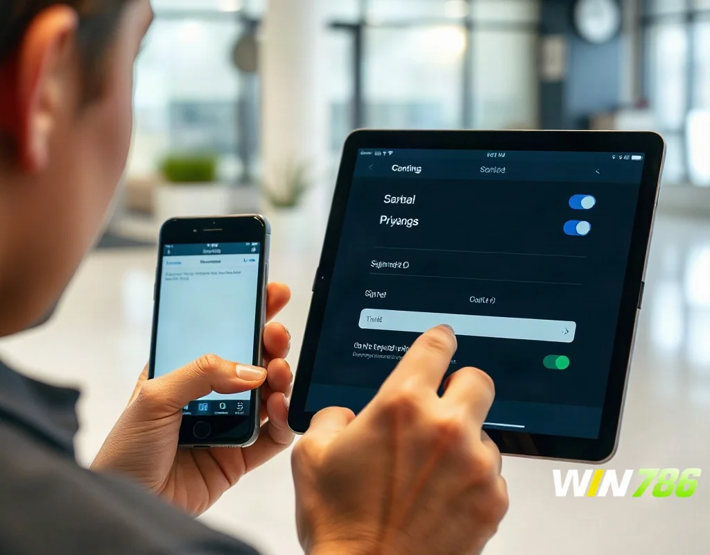 Person using smartphone and tablet to manage privacy settings