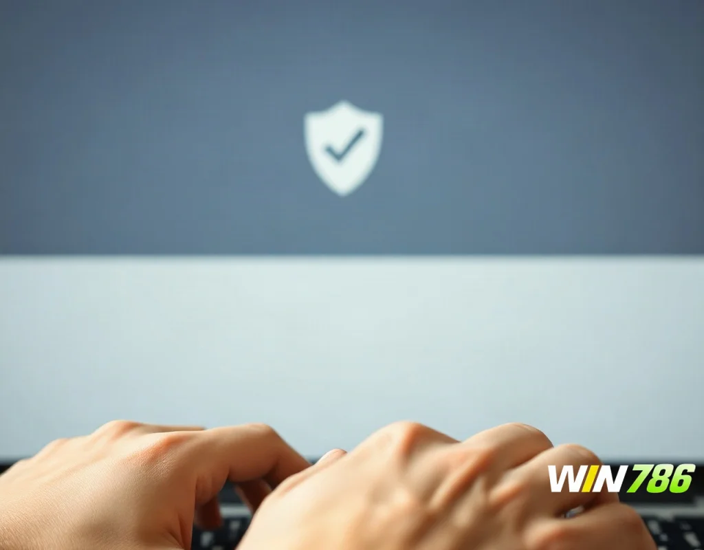 Person entering personal information on a laptop for online registration, with a privacy shield icon in the background