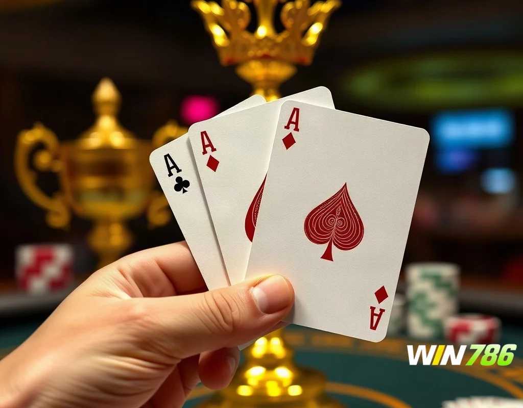 Hand holding playing cards with trophy in background
