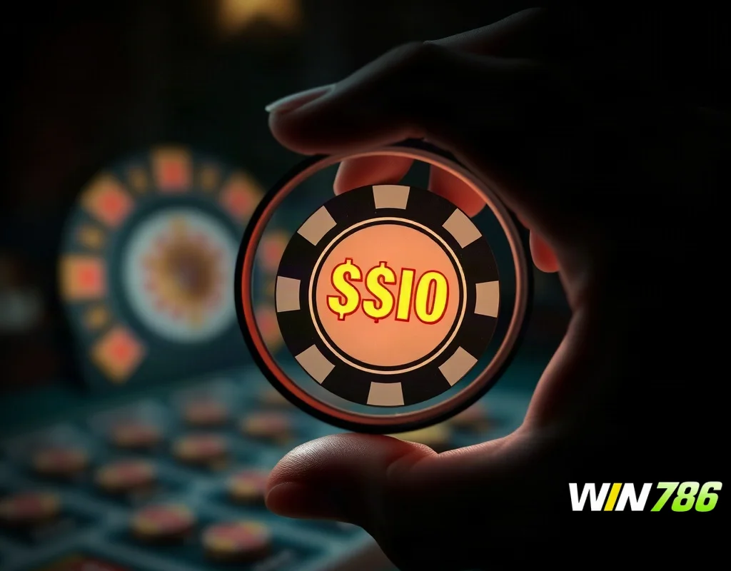 Magnifying glass examining a casino chip and coins to inspect bonus terms