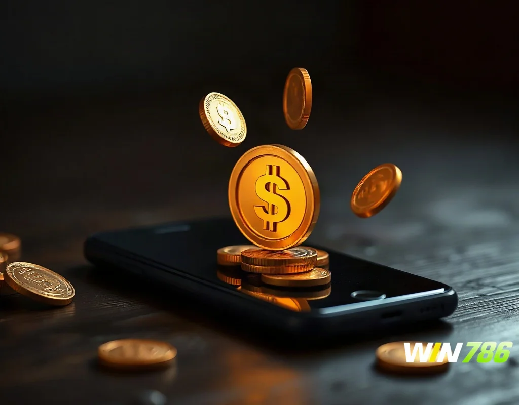 Hand holding a smartphone displaying a share icon and gold coins.