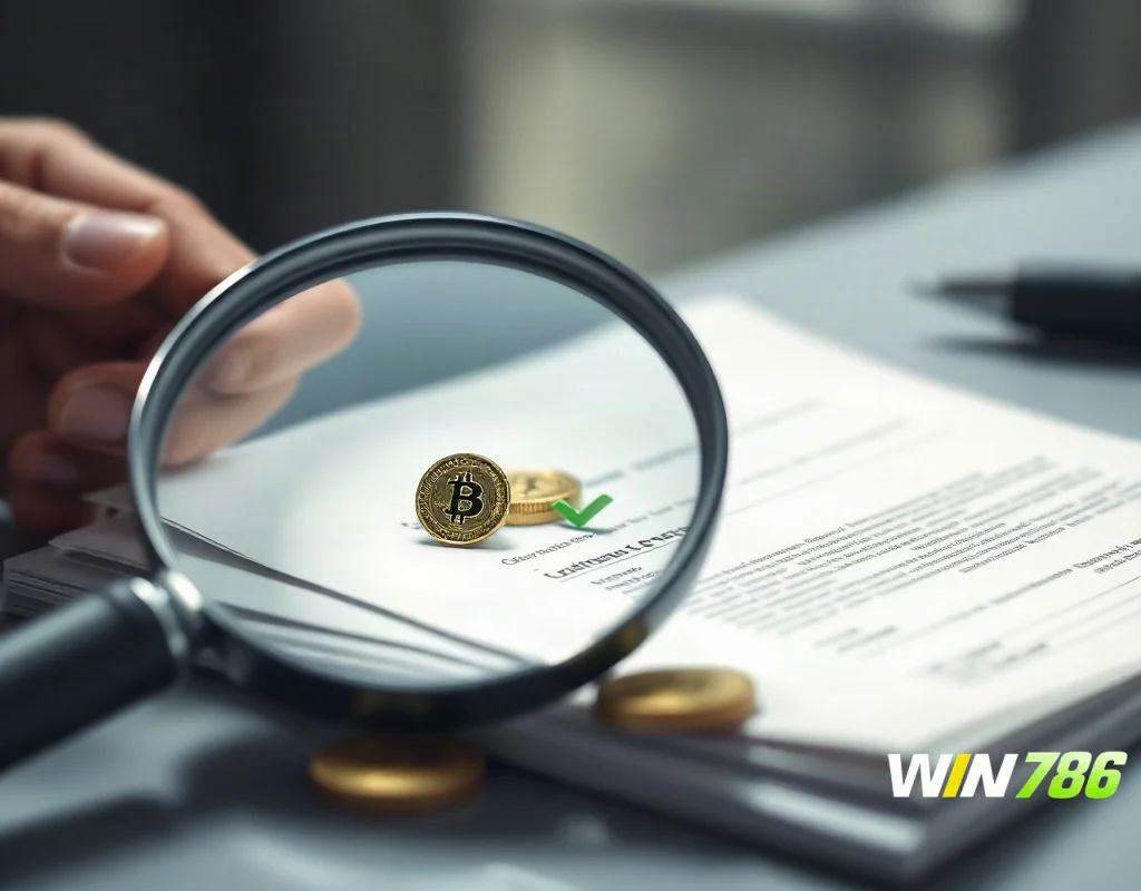 Magnifying glass inspecting a referral bonus contract with coin icons.