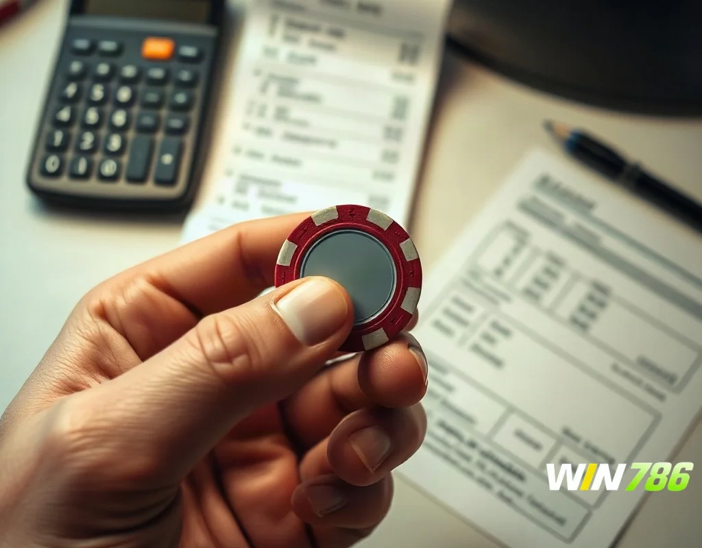 Hand holding a casino chip with a receipt and calculator on a desk, representing financial decisions.