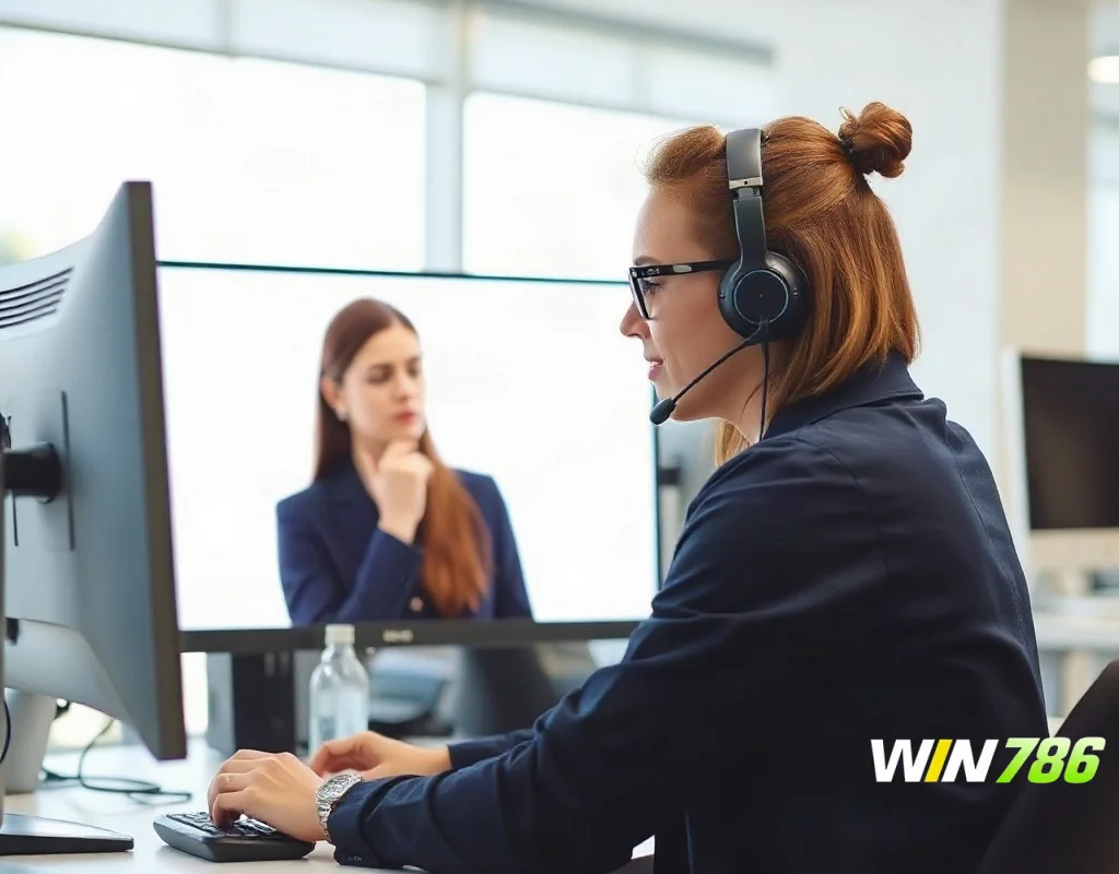 Customer support agent wearing a headset, assisting a player with a refund request.