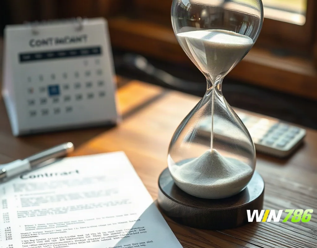 Hourglass, calendar, and contract paper on a table, symbolizing time limits and conditions.