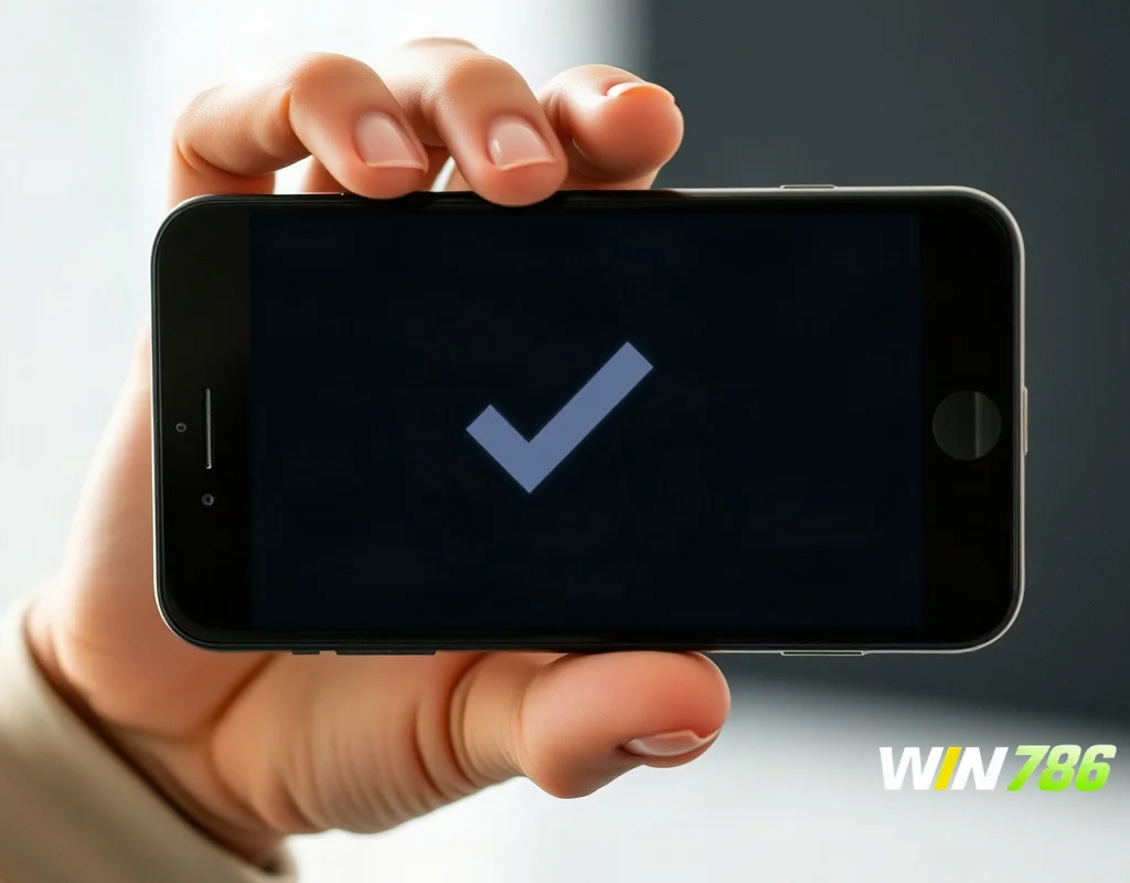 Person holding a smartphone with a blurred checkmark icon, uncertain about refund status.