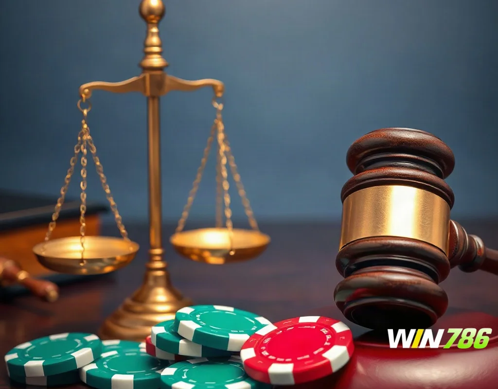 Judge's gavel, scale of justice, and casino chips on a desk, symbolizing a fair assessment.