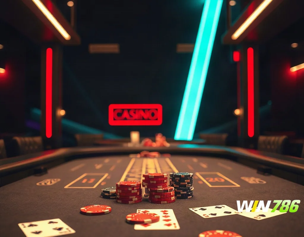 Gambling table with chips and playing cards in a modern casino with neon lighting