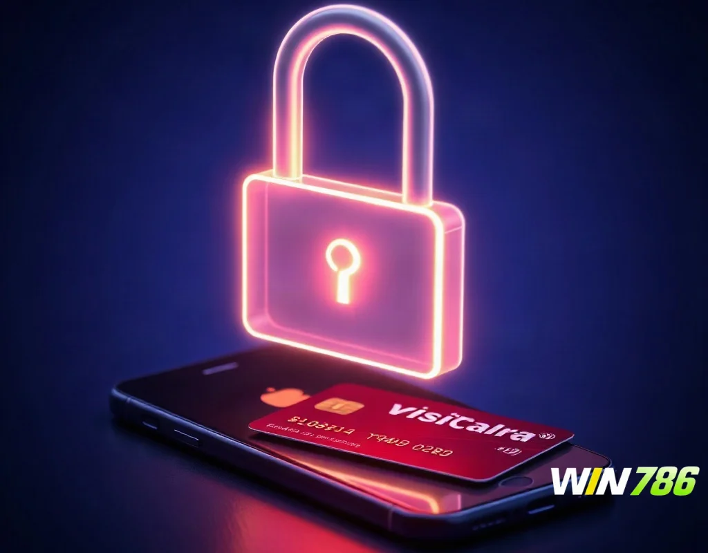 Digital lock icon with phone and credit card representing secure verification