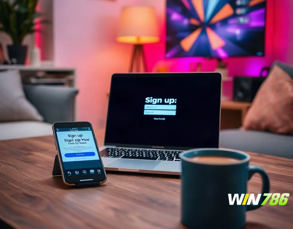 WIN786 registration form on laptop with phone and email verification