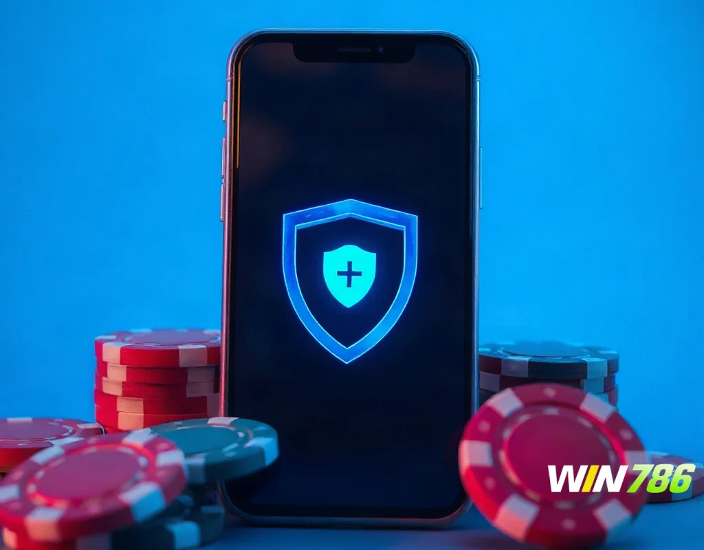 Shield icon over a smartphone on a casino table with chips, representing responsible gambling.