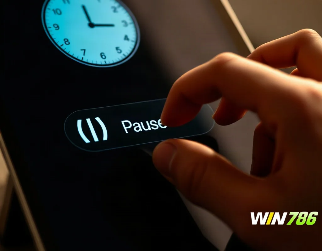 Hand tapping a pause button on a tablet, with clock icon, representing self-exclusion.