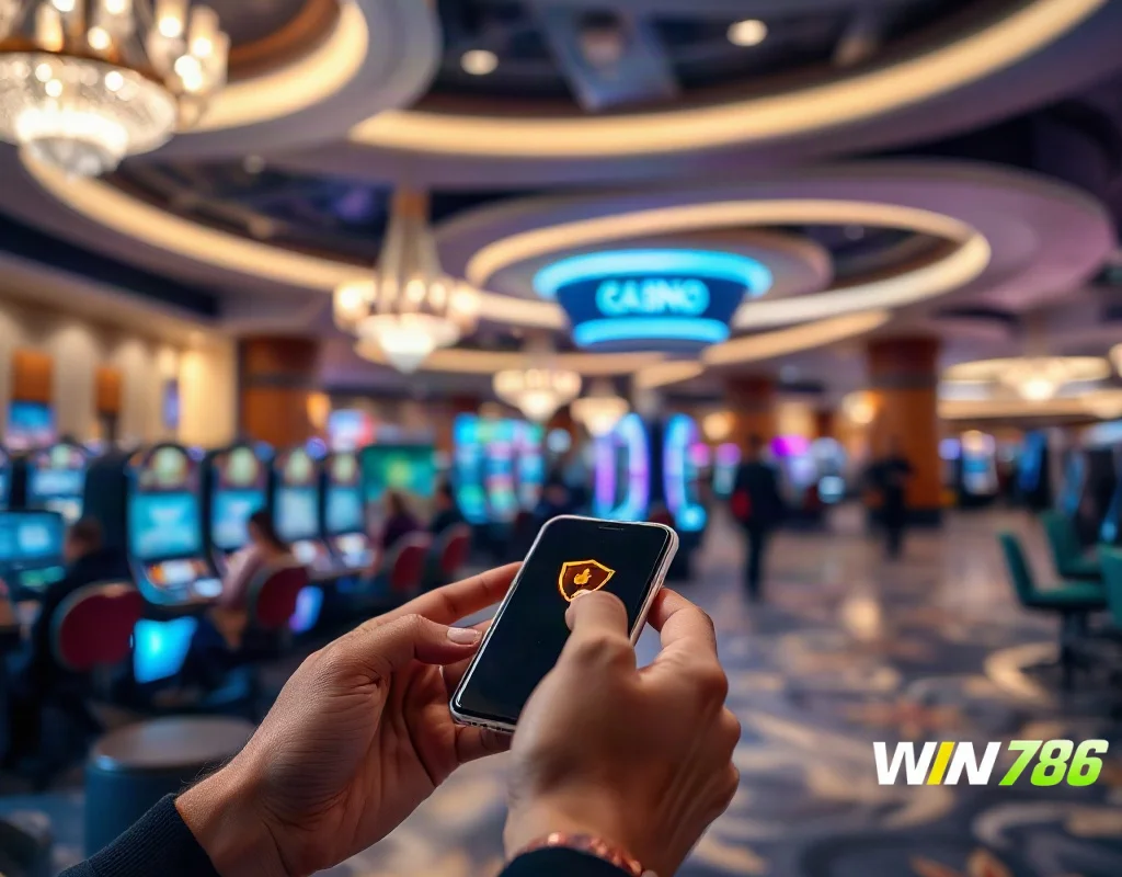 Person using smartphone showing a shield icon in a casino lobby, illustrating responsible gaming.