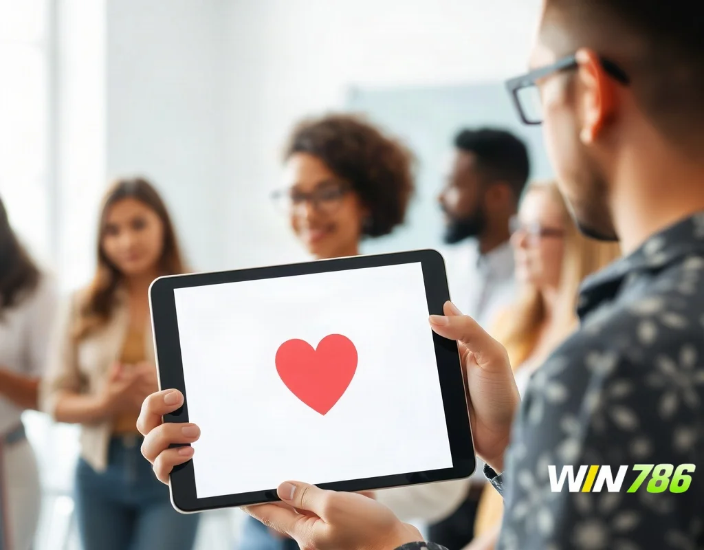 Group of people in a workshop, one holds a tablet with a heart icon, symbolizing gambling education.