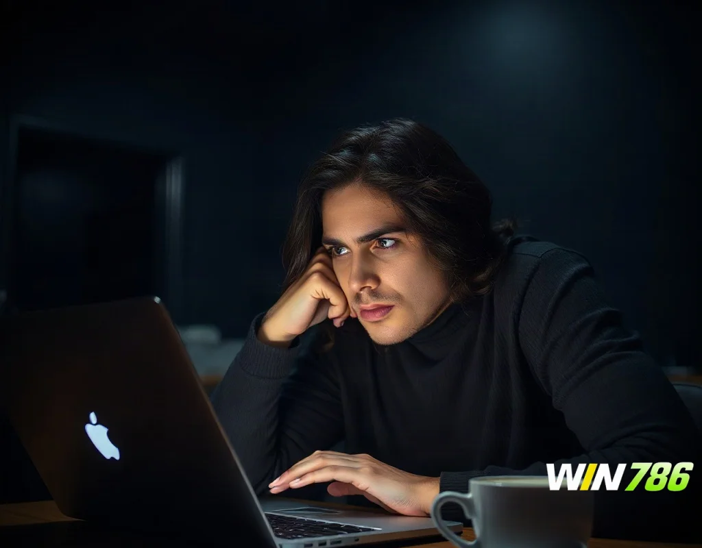Concerned person looking at a laptop in a dark room, highlighting the risks of problem gambling.