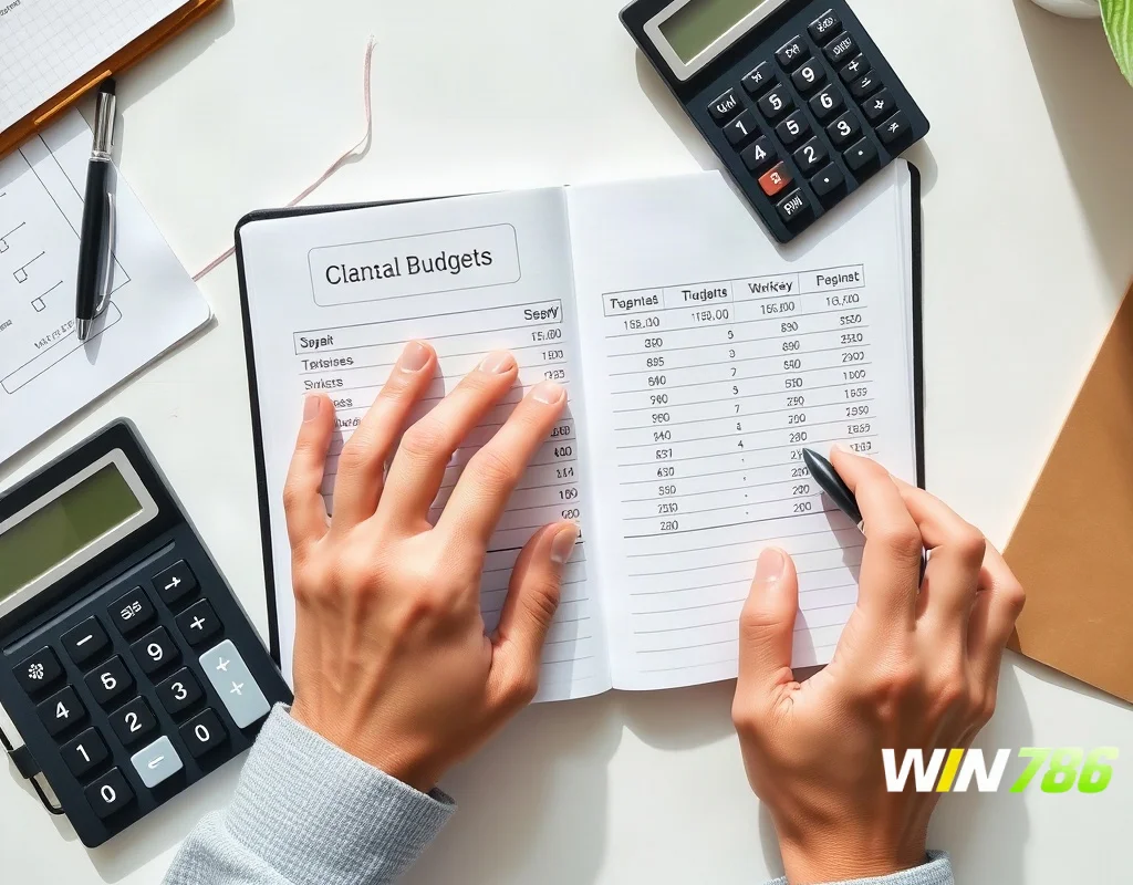 Hands writing a budget in a notebook with a calculator and pen, representing responsible gambling strategies.