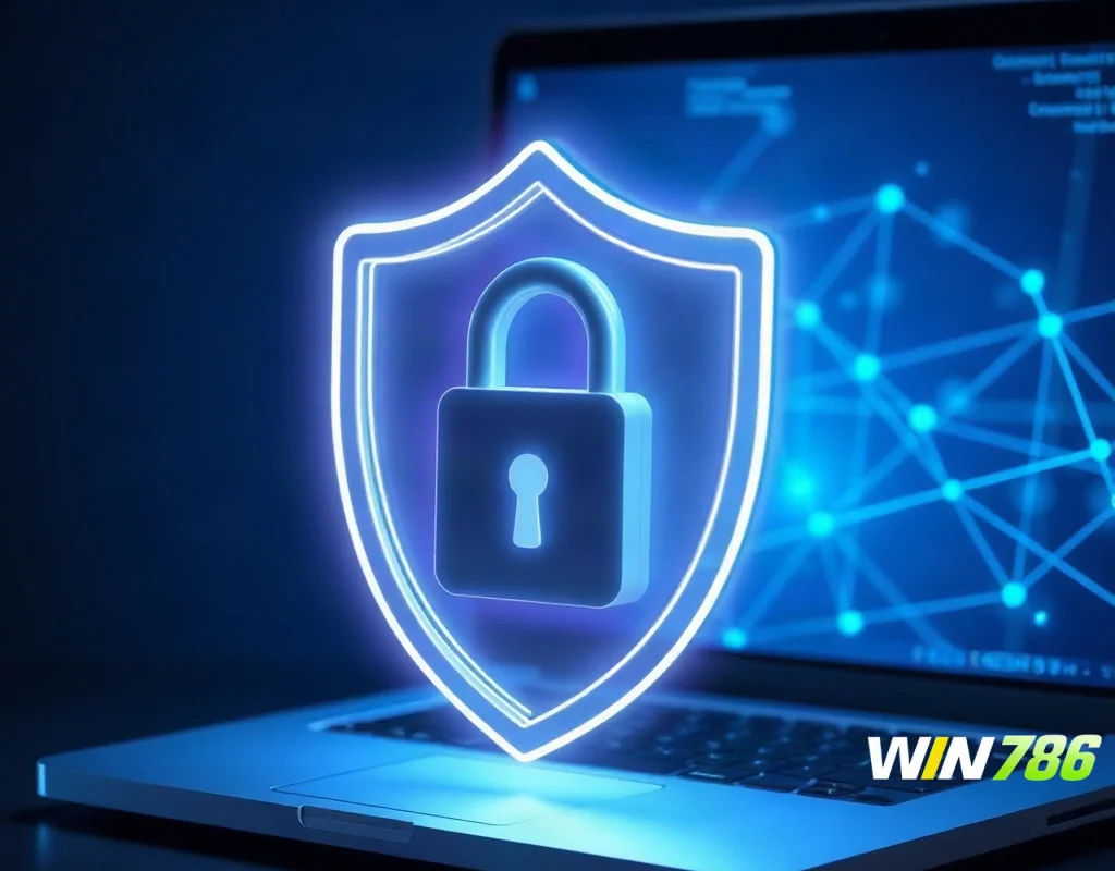 Digital lock icon on a laptop keyboard, symbolizing data security and player protection.