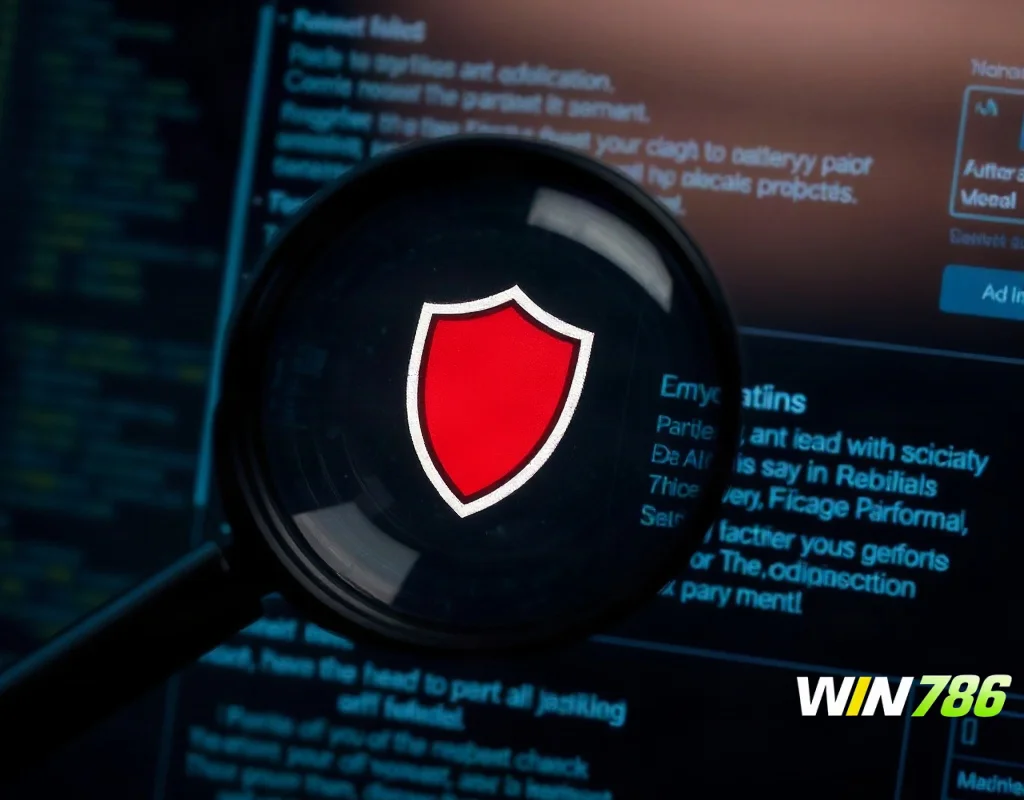 Magnifying glass over a website interface with a shield icon on a dark background
