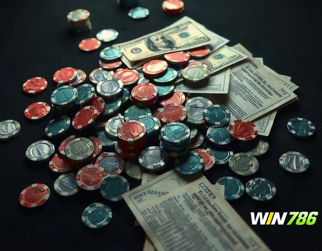 Casino chips and cash beside a contract with fine print