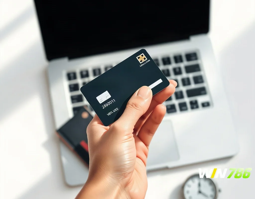 Hand holding a credit card over a laptop with a wallet and clock