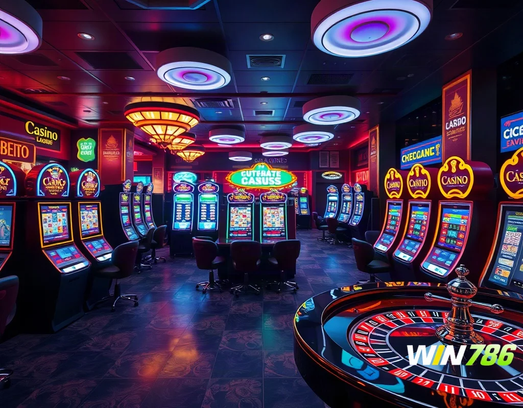 Virtual casino lobby with slot machines and a roulette table in glowing colors
