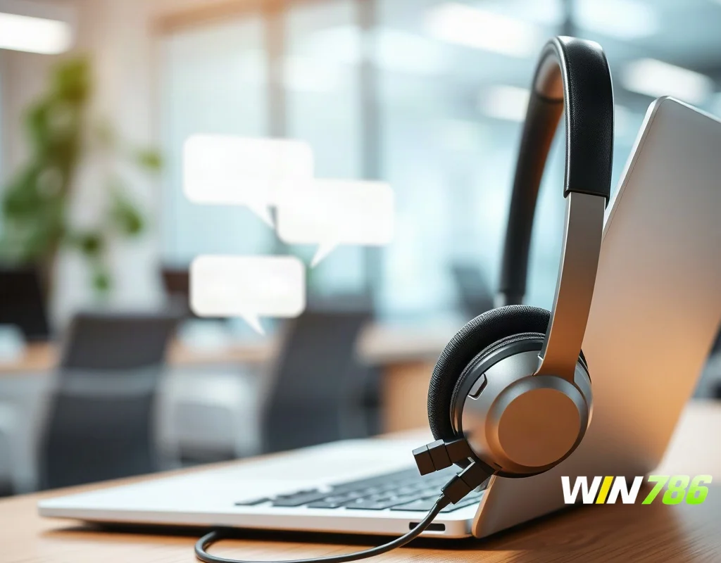 Customer service headset on a desk with a laptop showing chat bubbles