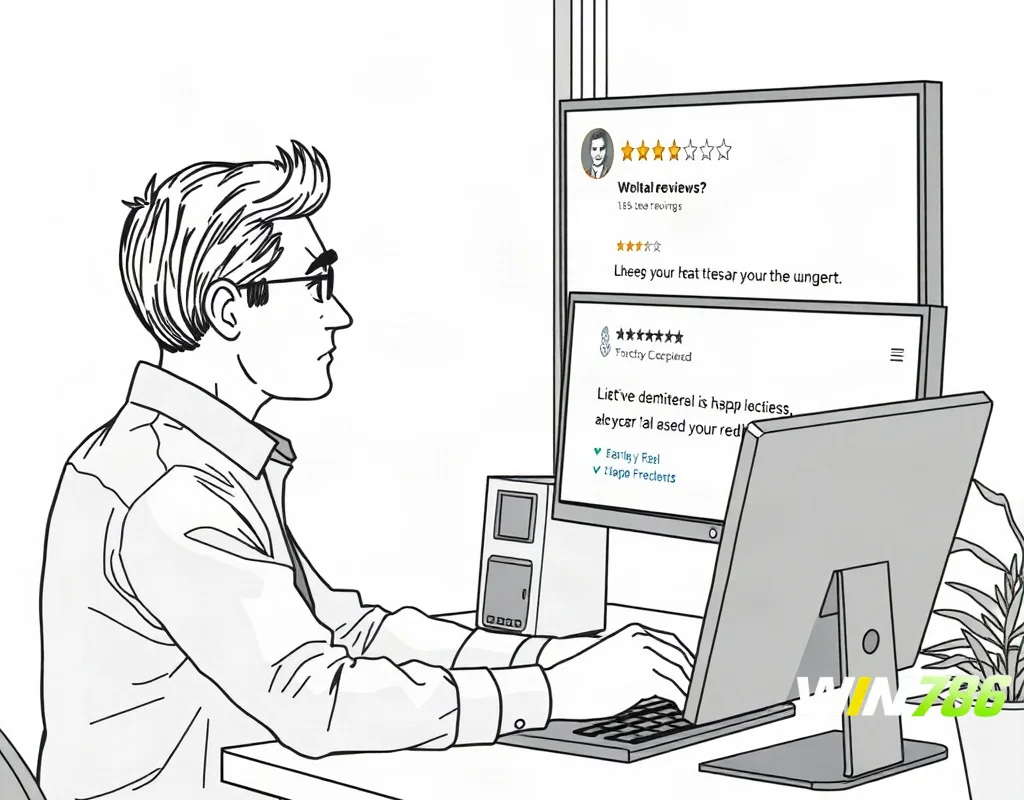 User at a desk looking at negative reviews on a screen with a concerned expression