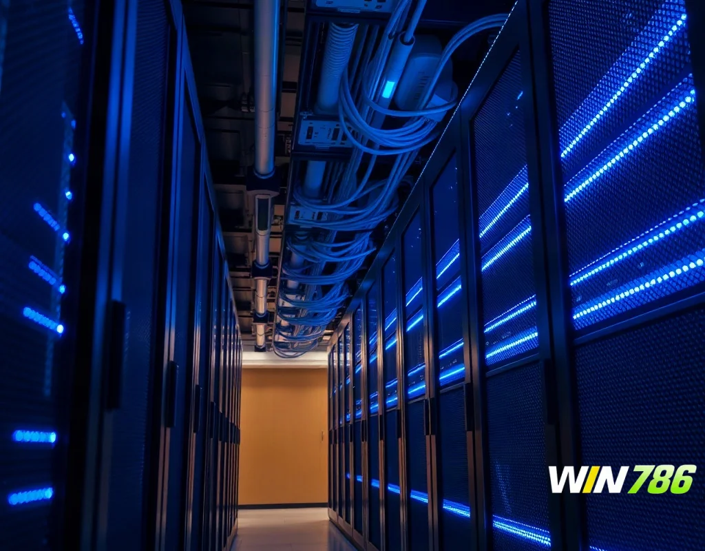 Secure server room with rows of servers and blue lights
