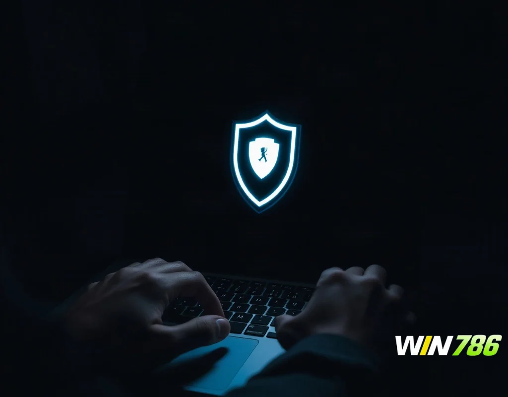 Person using laptop with glowing shield icon on screen