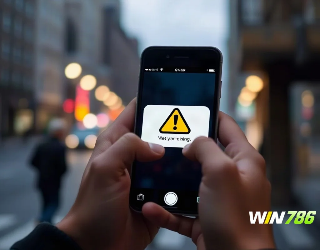 Person holding smartphone with warning icon in chat bubble