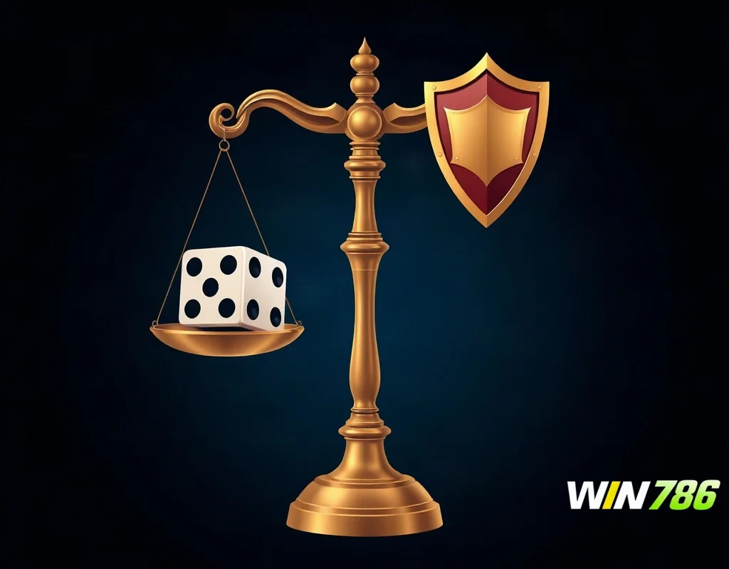 Balanced scale with gaming dice and shield