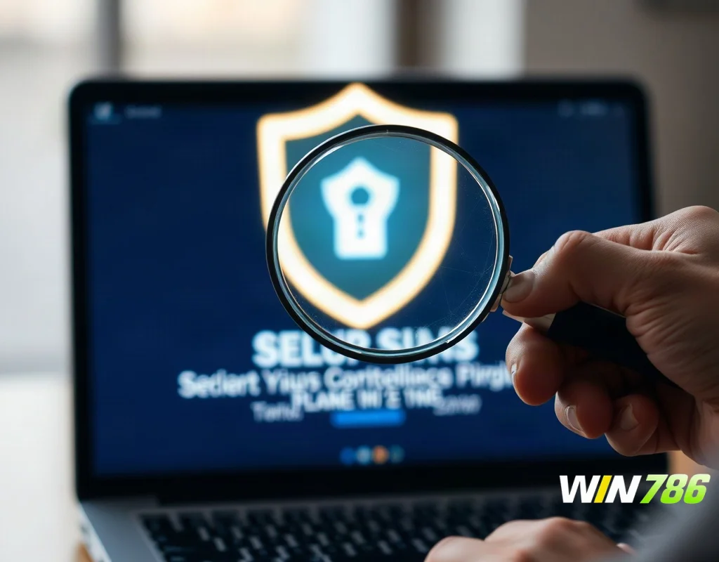 Magnifying glass over laptop screen with shield icon representing security check